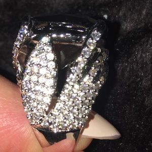 Crystal & Onyx Rodium Silver Ring